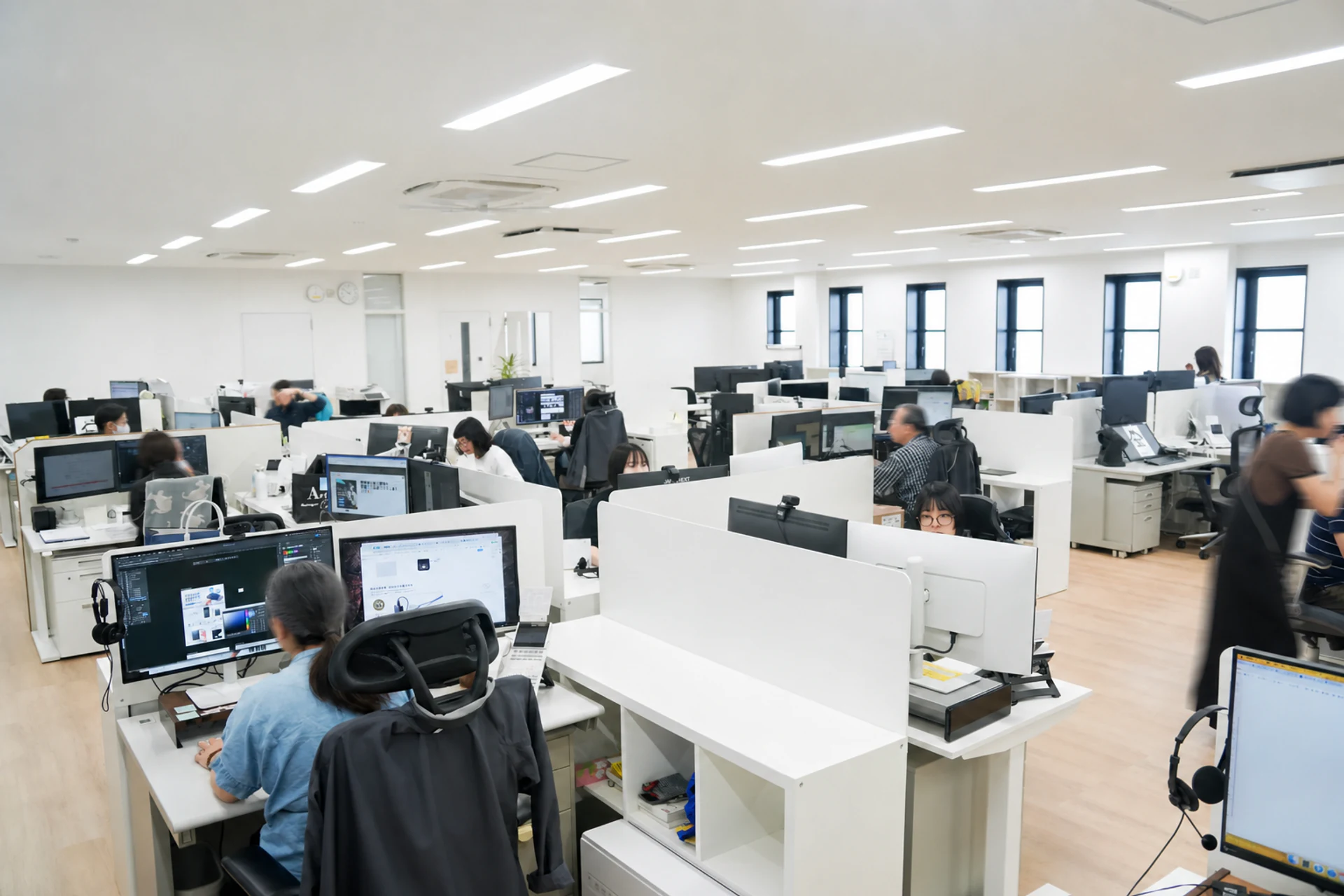 新社屋の明るいオフィスで働くスタッフ